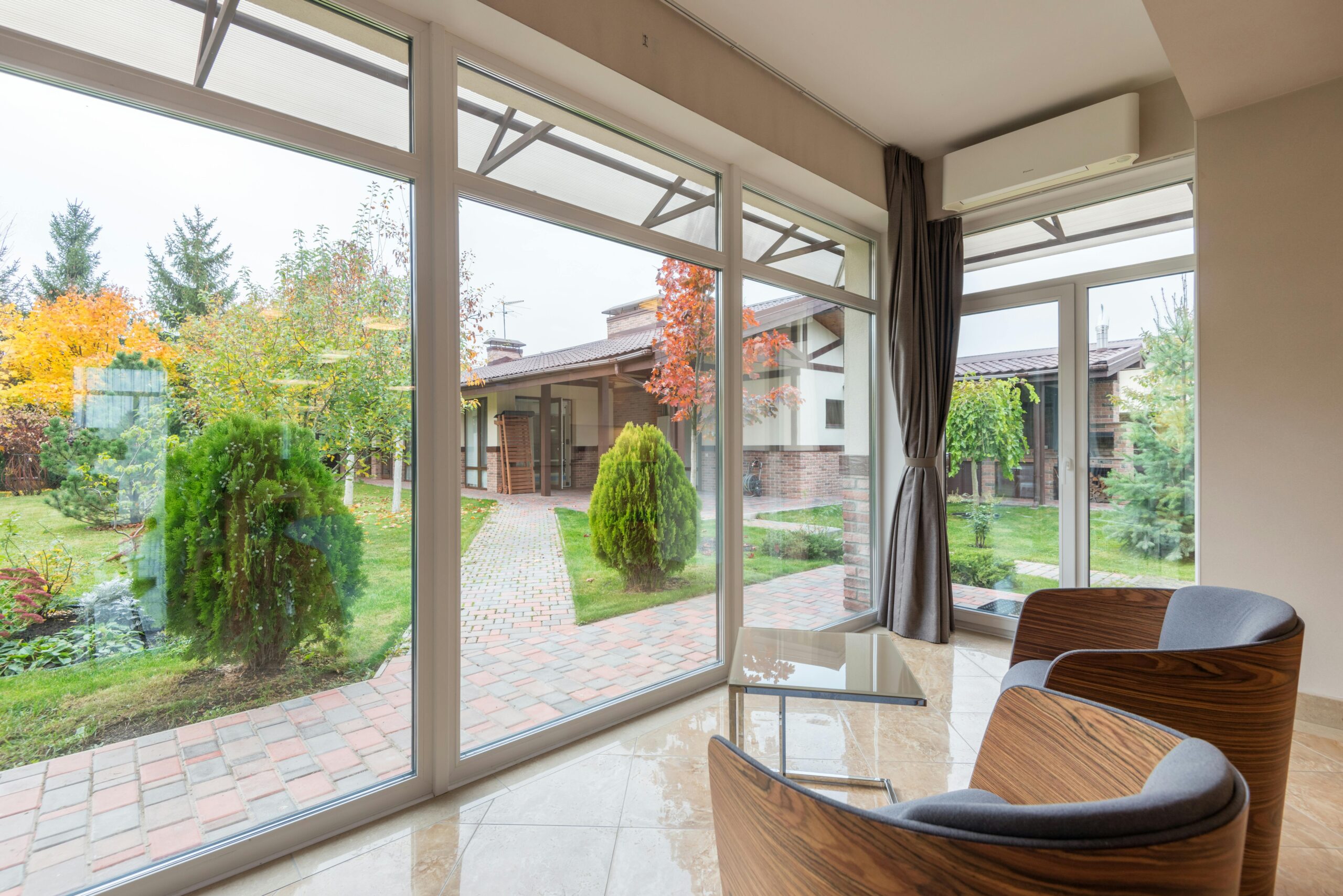 Sitting area looking out at paved walkway